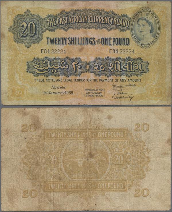 East Africa: The East African Currency Board 20 Shillings 1955, P.35, rare bankn...