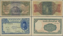 Egypt: Pair with 5 Pounds 1945 National Bank of Egypt P.19c in a nice Fine condition and 10 Piastres L.1940 Egyptian Currency Note P.168a in XF. (2 pc...