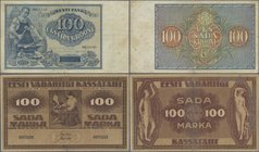 Estonia: Pair with 100 Marka 1919 P.48a (F, taped on back) and 100 Krooni 1935 P.66 (F-). (2 pcs.)
 [taxed under margin system]