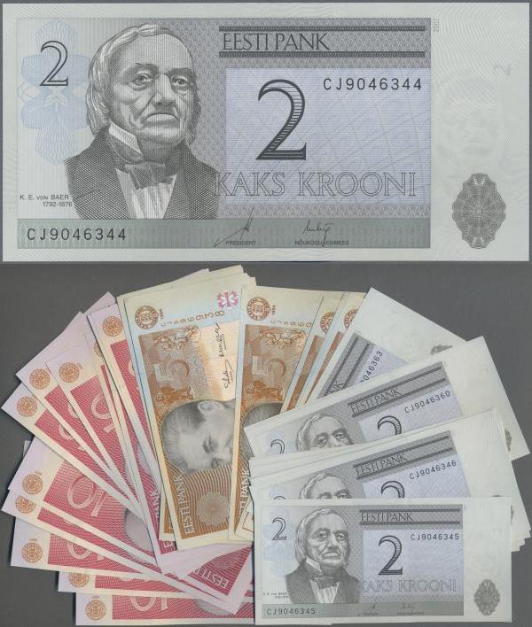 Estonia: Lot with 60 banknotes containing 20 x 2 Krooni 2007 with running serial...