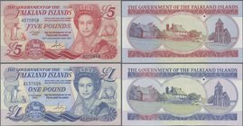 Falkland Islands: The Government of the Falkland Islands pair with 1 Pound 1984 and 5 Pounds 1983, P.12, 13a, both in perfect UNC condition. (2 pcs.)...