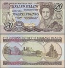 Falkland Islands: The Government of the Falkland Islands 20 Pounds 1984, P.15a, almost perfect condition with slight marks of a paperclip at right bor...