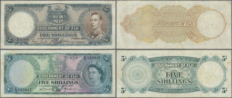 Fiji: set of 2 banknotes containing 5 Shillings 1938 P. 37a, first issue date, p...