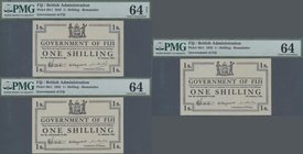 Fiji: Lot with 3 banknotes 1 Shilling 1942 remainder, P.48r1, PMG graded 64 Choice Uncirculated NET and to times 64 Choice Uncirculated. (3 pcs.)
 [p...