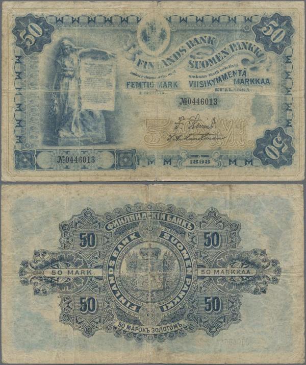 Finland: 50 Markkaa 1898, P.6c, margin split, small border tears lightly toned p...