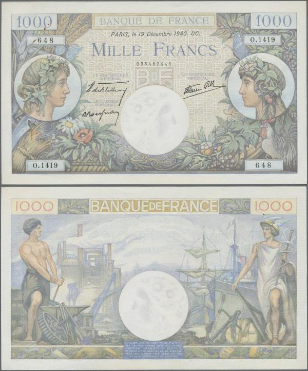 France: 1000 Francs 1940, P.96a, almost perfect condition with a few pinholes at...
