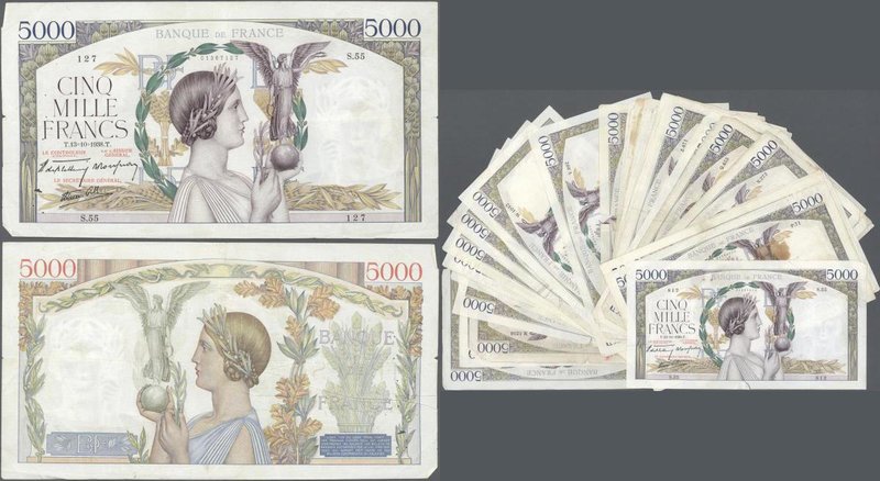 France: large lot of 37 notes 5000 Francs ”Victoire” 1938-1943 P. 97, all mixed ...