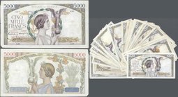 France: large lot of 37 notes 5000 Francs ”Victoire” 1938-1943 P. 97, all mixed dates, all in a bit stronger used condition with folds, holes and bord...