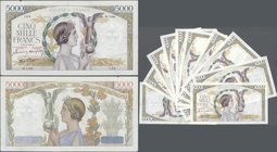 France: set of 11 CONSECUTIVE notes 5000 Francs ”Victoire” 1943 P. 97, S/N 29649169 & -179, both notes in similar condition, with only light folds, mi...