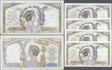 France: large lot of 5 CONSECUTIVE notes of 5000 Francs ”Victoire” 1942 P. 97 numbering from 25121334 to - 338, all from the same bundle, same series,...