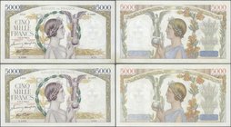 France: set of 2 notes 5000 Francs 1942 & 1943 P. 97, both with crisp paper, original strongness and colors, a few pinholes and light folds, no tears,...