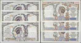 France: set of 3 CONSECUTIVE notes 5000 Francs ”Victoire” 1939 P. 97, S/N 06543291 & -361, all notes in similar condition, with only light folds, mino...