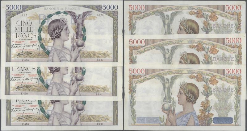 France: set of 3 CONSECUTIVE notes 5000 Francs ”Victoire” 1940 P. 97, S/N 119299...