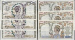 France: set of 3 CONSECUTIVE notes 5000 Francs ”Victoire” 1940 P. 97, S/N 11929995 & -993, all notes in similar condition, with only light folds, mino...