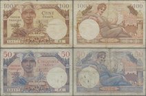 France: Trésor Français pair with 50 and 100 Francs ND(1947), P.M8, M9, both with with border tears, pinholes and stained paper. Condition: F-/F. (2 p...
