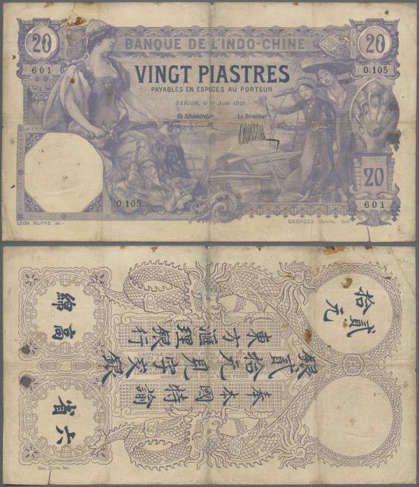 French Indochina: Banque de l'Indo-Chine - Saïgon 20 Piastres 1920, P.41, almost...