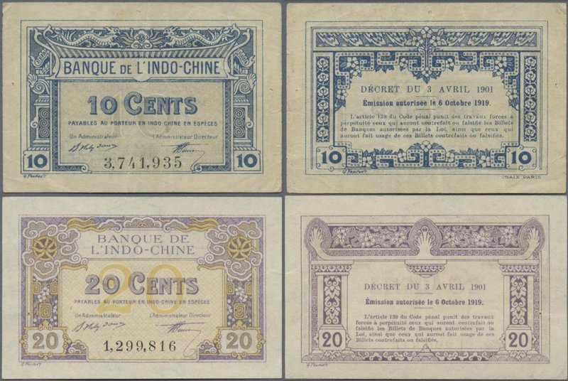 French Indochina: Banque de l'Indo-Chine pair with 10 and 20 Cents of the L.1919...