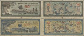 French Indochina: Banque de l'Indochine pair with 500 Piastres ND(1944-45) P.68(F-) and 500 Piastres ND(1945) P.69 (F-). (2 pcs.)
 [taxed under margi...