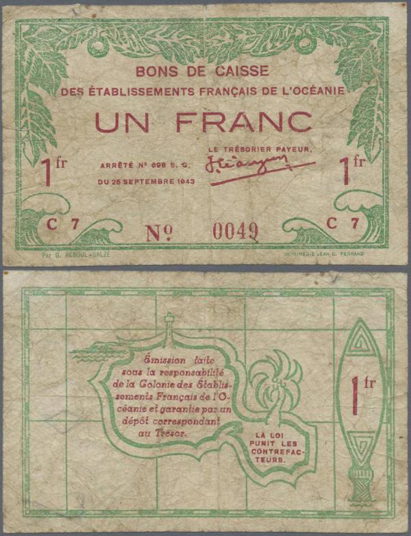 French Oceania: 1 Franc L.25.09.1943 P. 11c, well used with many folds and creas...