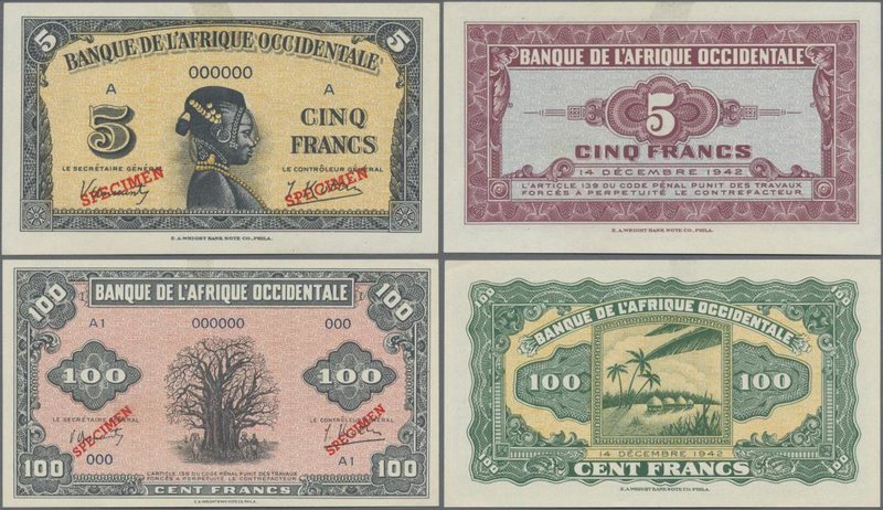 French West Africa: Banque de l'Afrique Occidentale, pair with 5 and 100 Francs ...
