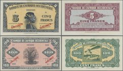 French West Africa: Banque de l'Afrique Occidentale, pair with 5 and 100 Francs 1942 Specimen, P.28s, 31s, both with tiny spot at upper margin, otherw...