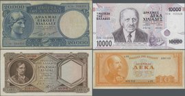 Greece: Set with 4 banknotes comprising 1000 Drachmai ND(1944) P.172 (XF), 20.000 Drachmai 1949 P.183 (F), 10 Drachmai 1955 P.189b (VF+) and 10.000 Dr...
