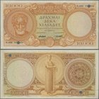 Greece: 10.000 Drachmai ND(1945) SPECIMEN, P.174s with serial number N-030 000000, black overprint ”Specimen” and perforation ”Cancelled” and ”Specime...