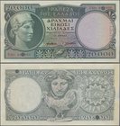 Greece: 20.000 Drachmai ND(1947) SPECIMEN, P.179as with serial number T.01 000000, red overprint ”Specimen” and perforation ”Cancelled” and ”Specimen”...