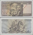 Greece: 5000 Drachmai 1947 SPECIMEN, P.181s with serial number 000000 AB-2, red overprint ”Specimen”, tiny spots at upper margin, otherwise perfect. C...
