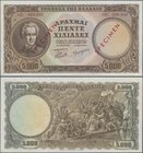 Greece: 5000 Drachmai 1950 SPECIMEN, P.184s, serial number 000000 and red overprint ”Specimen”, obviously taken from a presentation book with lightly ...