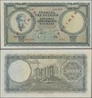 Greece: 50.000 Drachmai 1950 SPECIMEN, P.185s, serial number A.01 000000 and red overprint ”Specimen”, tiny pinholes at upper left, some minor folds a...