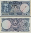 Greece: 20 Drachmai 1954 SPECIMEN, P.187s, serial number A.05 000000 and red overprint ”Specimen”, taken from a presentation book with lightly traces ...