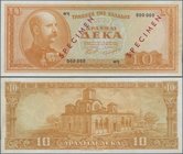 Greece: 10 Drachmai 1954 SPECIMEN, P.189as, serial number 000000 and red overprint ”Specimen”, taken from a presentation book with lightly traces of g...