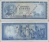 Greece: 20 Drachmai 1955 SPECIMEN, P.190as, serial number A.01 000000 and red overprint ”Specimen”, taken from a presentation book with lightly traces...