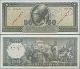 Greece: 50 Drachmai 1955 SPECIMEN, P.191s, serial number 000000 with red overprint ”Specimen” and perforation ”Akypon”, taken from a presentation book...