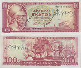 Greece: 100 Drachmai 1954 SPECIMEN, P.192as, serial number A.07 114762 with black overprint ”Specimen” and perforation ”Akypon”, taken from a presenta...