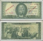 Greece: 500 Drachmai 1955 SPECIMEN, P.193s, serial number A.01 000000 with red overprint ”Specimen”, taken from a presentation book with lightly trace...
