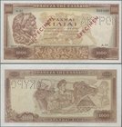 Greece: 1000 Drachmai 1956 SPECIMEN, P.194s, serial number A.01 000000 with red overprint ”Specimen” and perforation ”Akypon”, taken from a presentati...