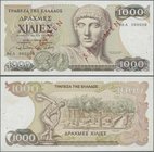 Greece: 1000 Drachmai 1987 SPECIMEN, P.202s, serial number 00A 000000 and red overprint ”Specimen”, some minor folds and creases at upper left, rusty ...