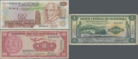 Guatemala: Nice set with 3 banknotes containing 1 Quetzal 1946 with overprint “Banco de Guatemala” on #14 P.20 (F+), 10 Quetzales 1963 P.38c (F) and 1...