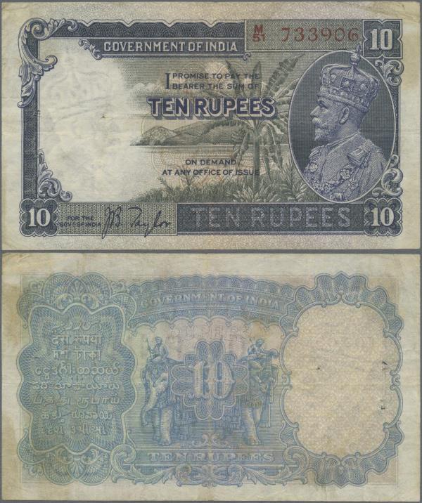 India: 10 Rupees ND sign. Taylor, portrait KGV P. 16a, used with several folds i...