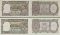 India: set of 2 notes of 5 Rupees ND portrait KGIV P. 18a,b in condition: XF+ to aUNC with minor tear at lower border and VF-. (2 pcs)
 [plus 19 % VA...