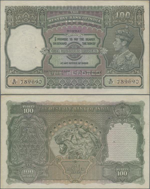 India: 100 Rupees ND(1937) portrait KGIV P. 20b, BOMBAY issue, only light traces...