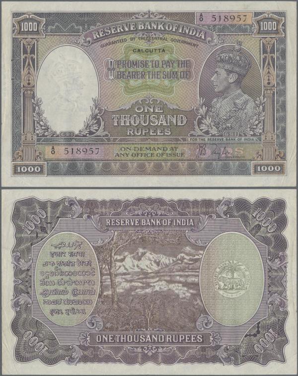 India: rare note of 1000 Rupees ND(1937) P. 21b, issue for CALCUTTA, pinholes in...