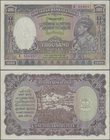 India: rare note of 1000 Rupees ND(1937) P. 21b, issue for CALCUTTA, pinholes in paper, border restoration at left but no other large damages, paper s...