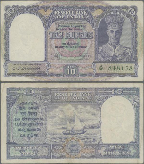 India: 10 Rupees ND(1943) P. 24, used with light folds in paper, 2 pinholes, sti...