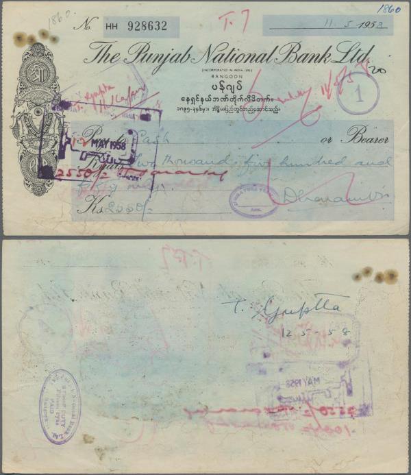 India: Cheque of The Punjab National Bank Ltd., Rangoon for 2550 Kyats dated 195...