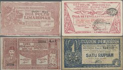 Indonesia: Set with 8 banknotes of the local & rebellious issues of the 1940's with 50 Rupiah P.S125, 2 x 1 Rupiah P.S182, 25 Rupiah P.S191, 1 Rupiah ...