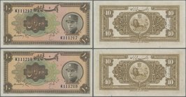 Iran: Bank Melli Ran, pair of the 10 Rials SH1313 (1934) P.25a with almost consecutive numbers K111217 and K111219, both in XF+/aUNC condition. (2 pcs...