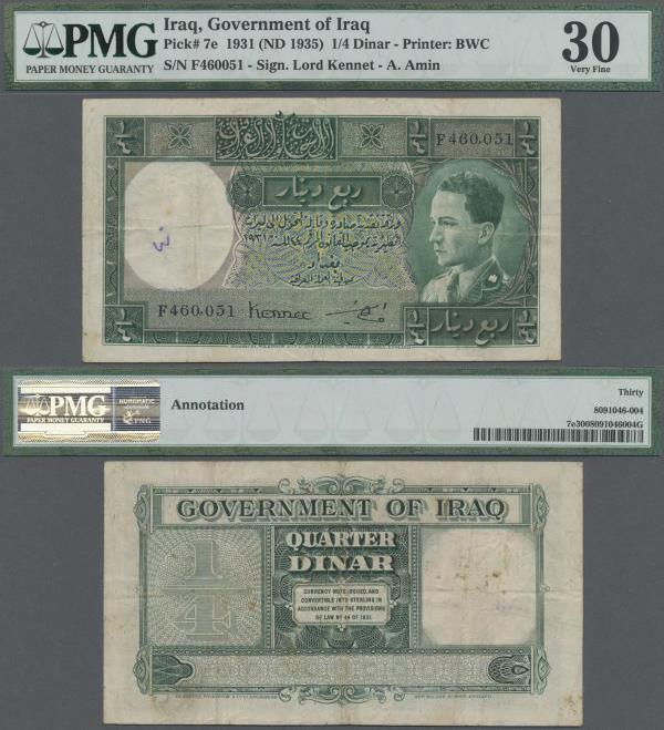 Iraq: Government of Iraq ¼ Dinar 1931 (ND 1935), P.7e, some folds, lightly stain...
